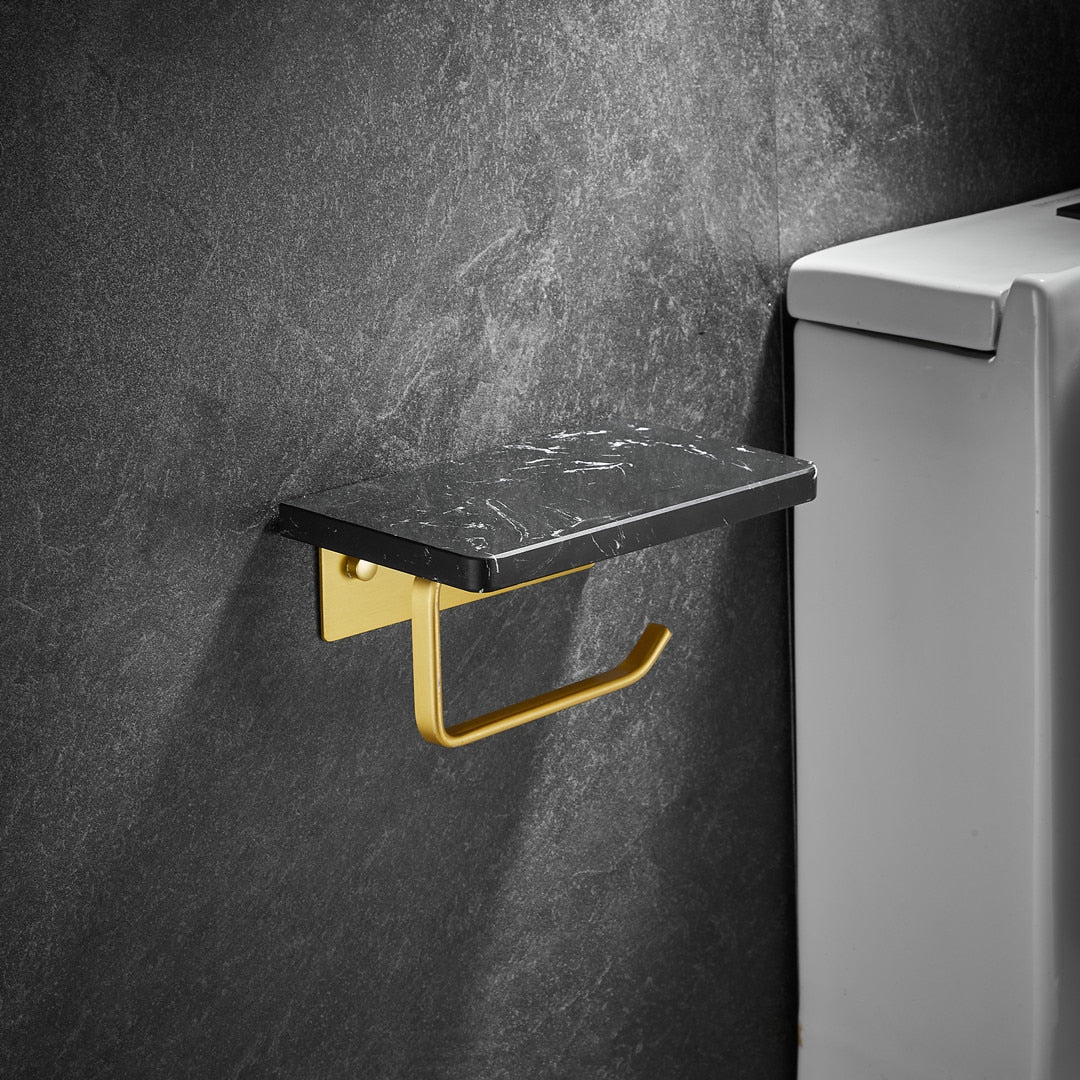 WC DESIGN 0 Noir et doré 1 Porte Papier Toilette Mural en Marbre