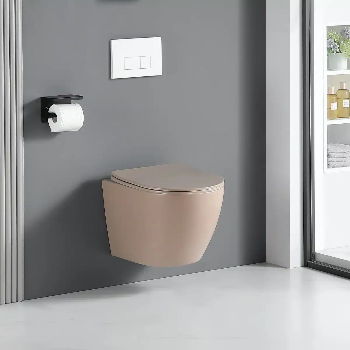 toilette suspendu marron dans une salle de bain