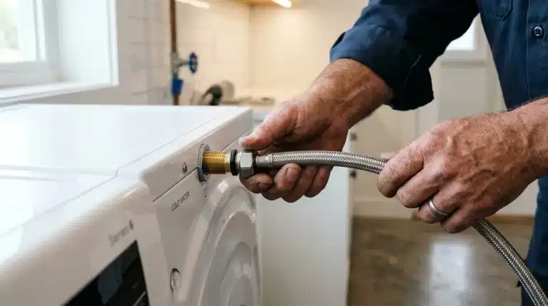 Plombier connectant tuyau flexible à machine à laver