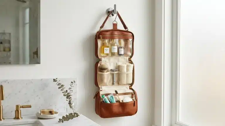 Sac cosmétique marron suspendu contenant produits et accessoires salle bain