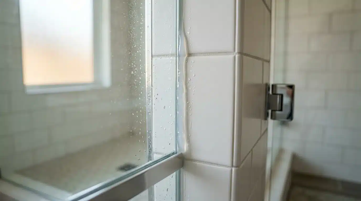 Vitre de douche humide avec gouttelettes d'eau et carrelage blanc