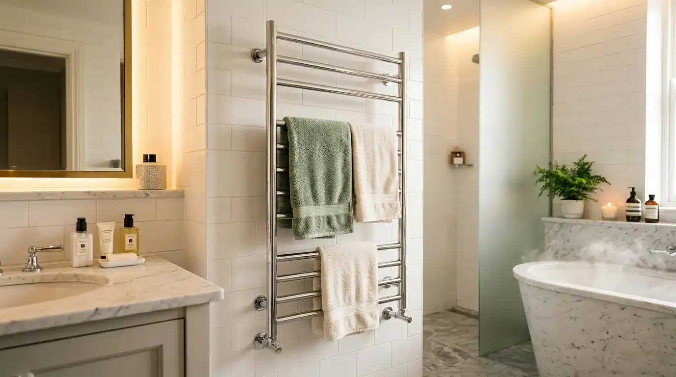 Salle de bain contemporaine avec baignoire marbre et miroir éclairé