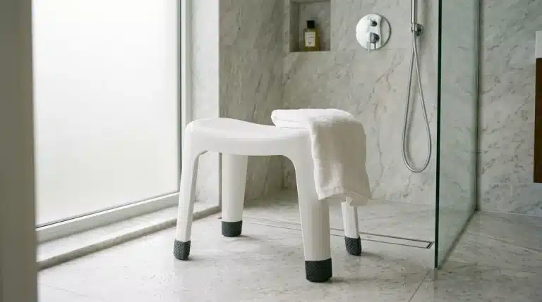 Tabouret blanc dans douche marbre avec serviette