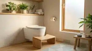 Salle de bain moderne avec toilettes, tabouret bois et plantes vertes