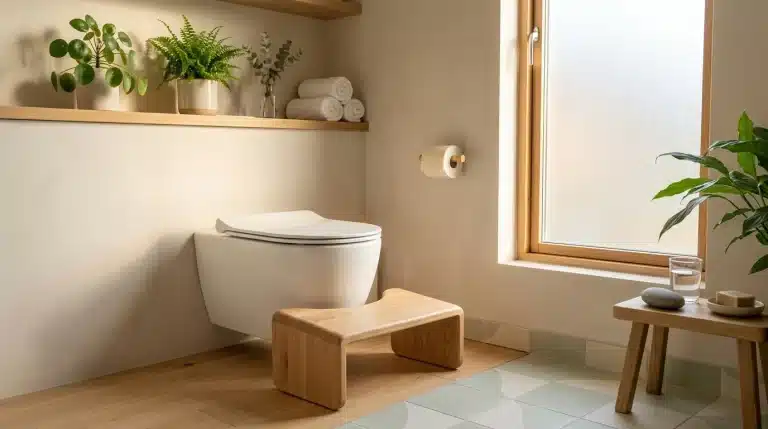 Salle de bain moderne avec toilettes, tabouret bois et plantes vertes