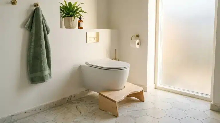 Toilettes blanches sur estrade bois, salle bain épurée