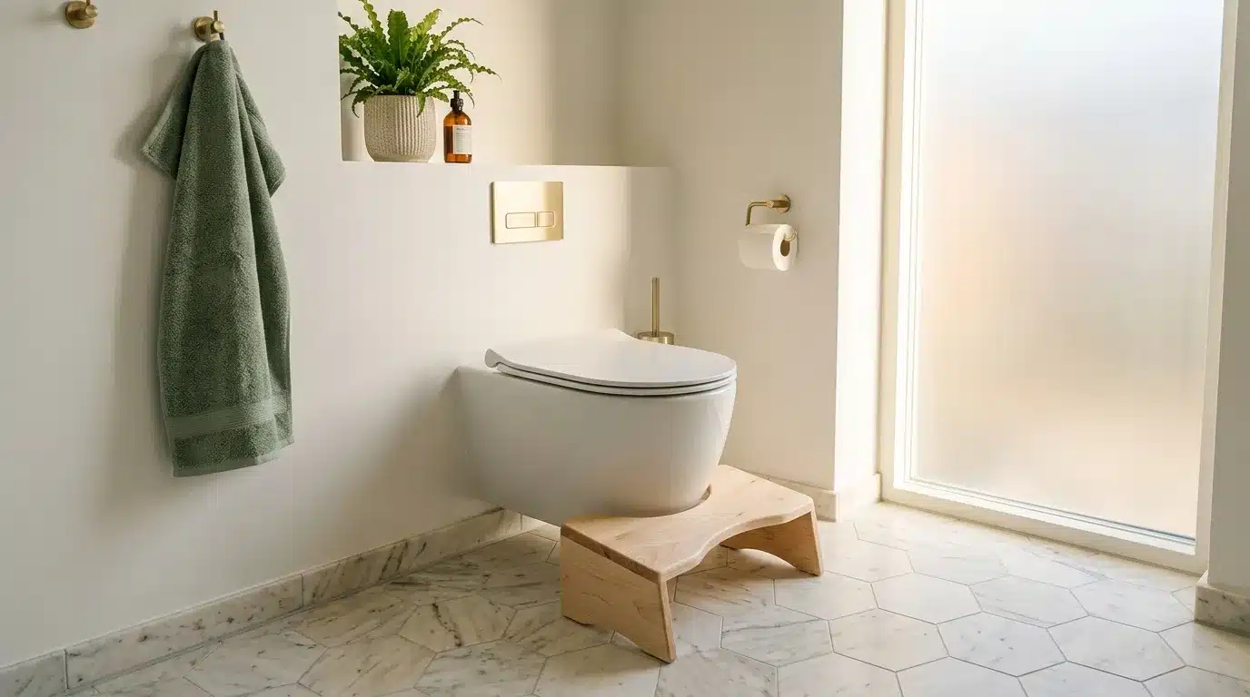 Toilettes blanches sur estrade bois, salle bain épurée