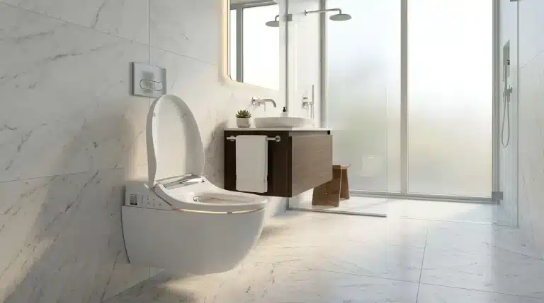 Salle de bain luxe avec toilettes intelligentes et douche vitrée