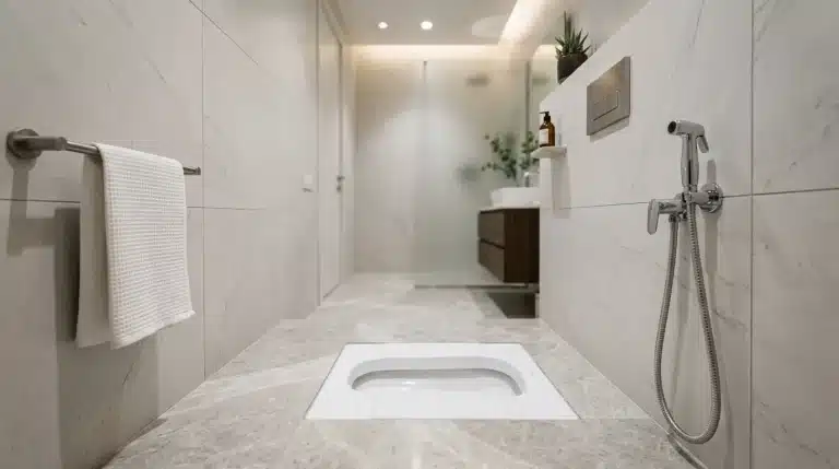 Salle de bain contemporaine blanche avec douche italienne