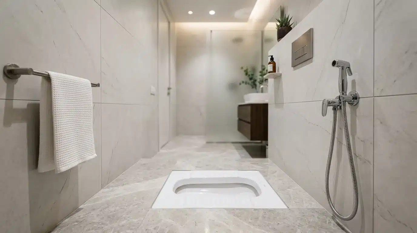 Salle de bain contemporaine blanche avec douche italienne