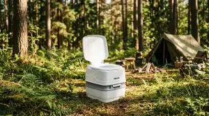 Toilette chimique blanche dans forêt avec tente camping