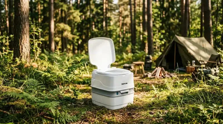 Toilette chimique blanche dans forêt avec tente camping