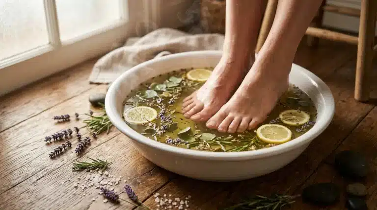 Pieds dans un bain d'eau avec citron et lavande