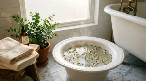 Baignoire avec pétales de fleurs et produits de bien-être