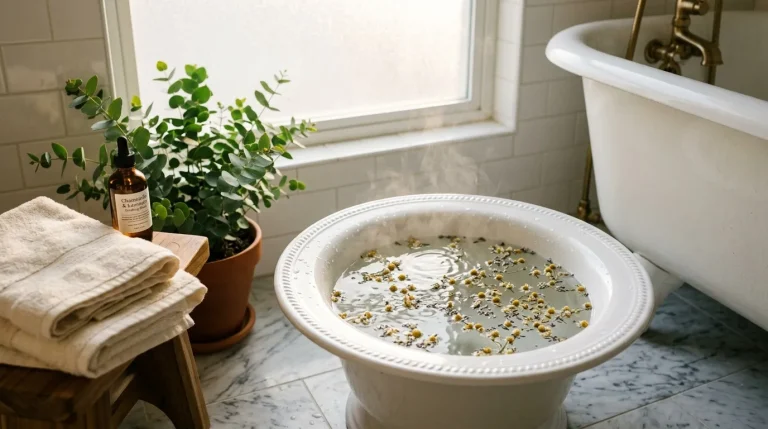 Baignoire avec pétales de fleurs et produits de bien-être