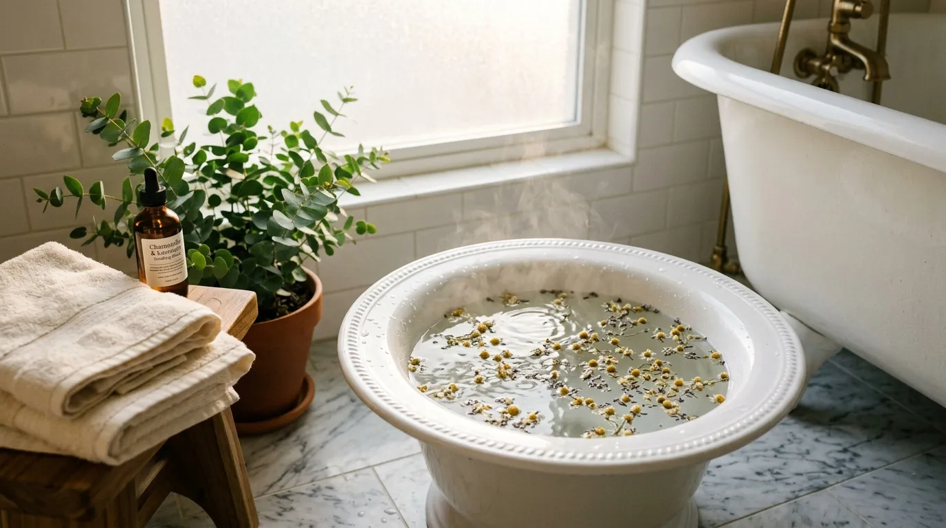 Baignoire avec pétales de fleurs et produits de bien-être