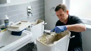Homme nettoyant le réservoir d'une toilette avec une brosse