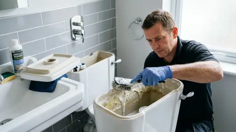 Homme nettoyant le réservoir d'une toilette avec une brosse