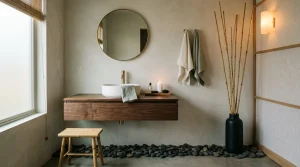 Salle de bain moderne avec lavabo blanc, miroir rond et décoration naturelle