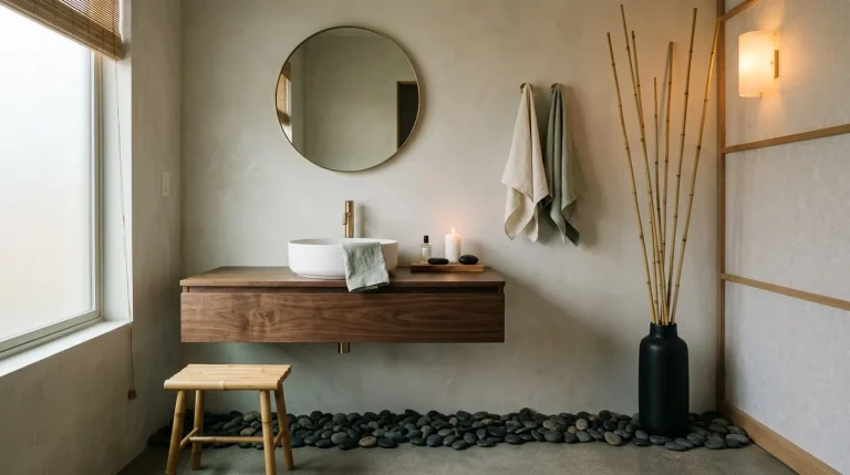 Salle de bain moderne avec lavabo blanc, miroir rond et décoration naturelle