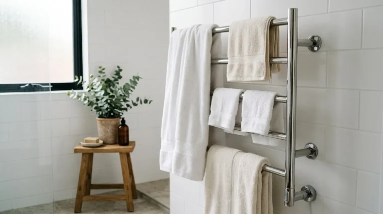 Radiateur sèche-serviettes chromé dans salle de bain blanche