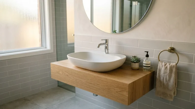 Salle de bain contemporaine avec vasque blanche et meuble bois
