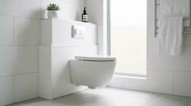 Toilettes suspendues blanches dans salle bain contemporaine