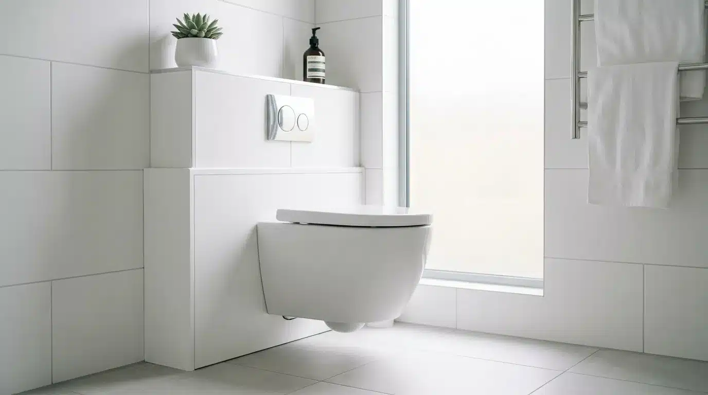 Toilettes suspendues blanches dans salle bain contemporaine