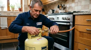 Technicien en uniforme vérifie une bonbonne de gaz en cuisine